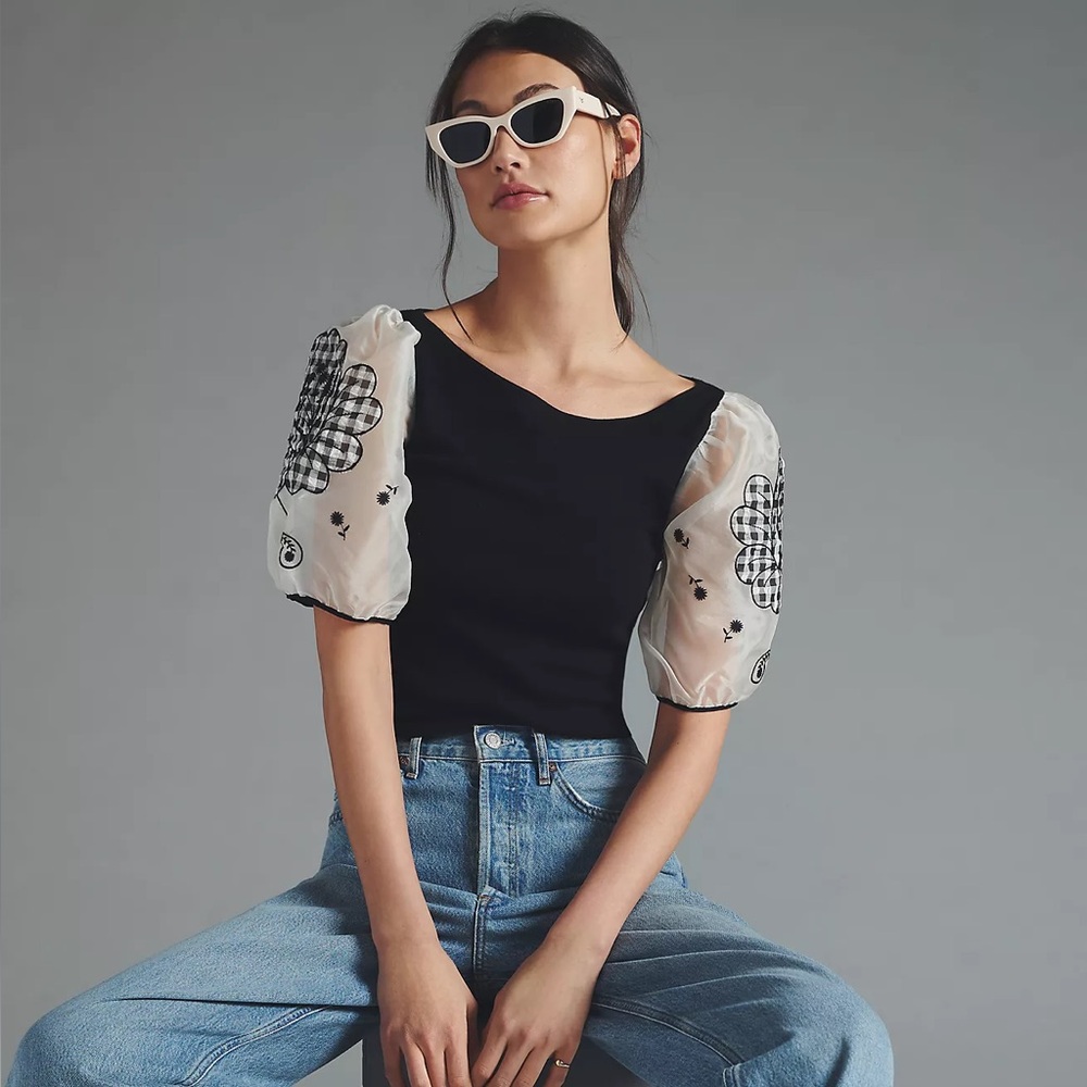 Maeve by Anthropologie Silk Puff-Sleeve Sweater Top - Black/White - Size XS